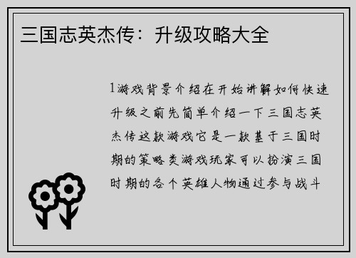 三国志英杰传：升级攻略大全