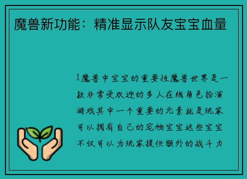 魔兽新功能：精准显示队友宝宝血量
