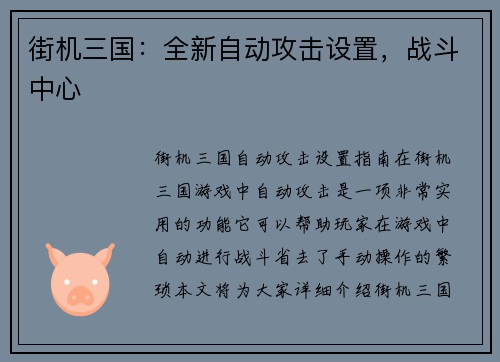 街机三国：全新自动攻击设置，战斗中心
